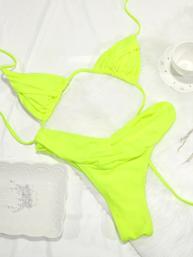 Pleated Brazilian Folds Bikini Set, Sexy Micro Bikinis, 2023 Women Swimsuit, Female Triangle Swimwear, Beach Wear Bathing Suit - 3KDyn